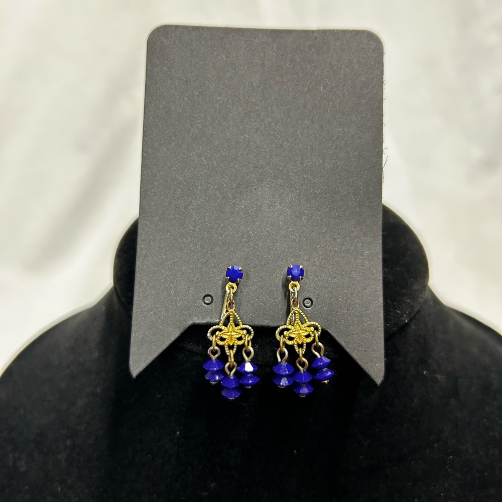 Vintage Royal Blue Beaded Chandelier Earrings Gold Tone Boho Dangle Drop